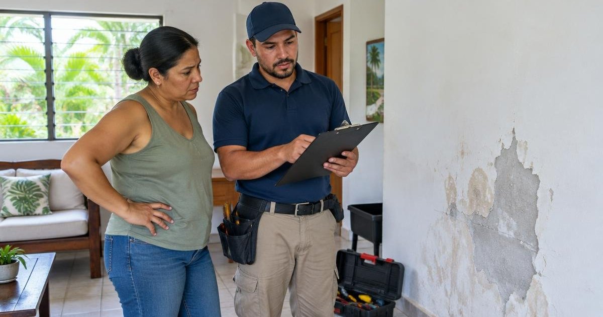 Propietaria y profesional revisando una pared deteriorada durante una visita para evaluar reparaciones.