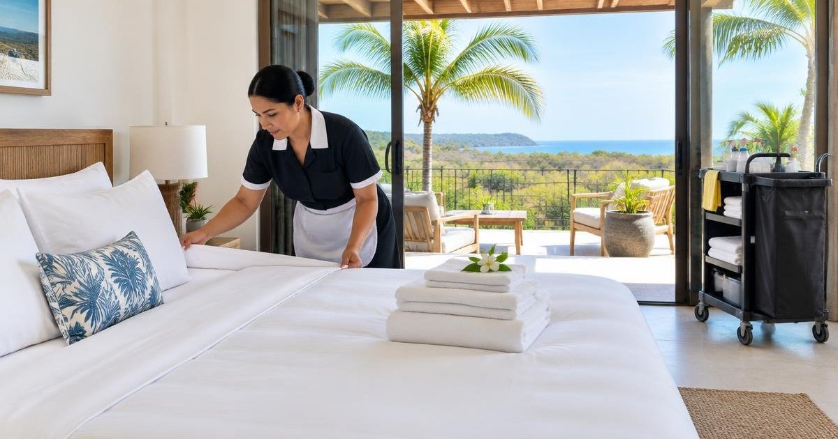 Trabajadora preparando la cama y toallas de una casa de alquiler vacacional frente a una terraza tropical.