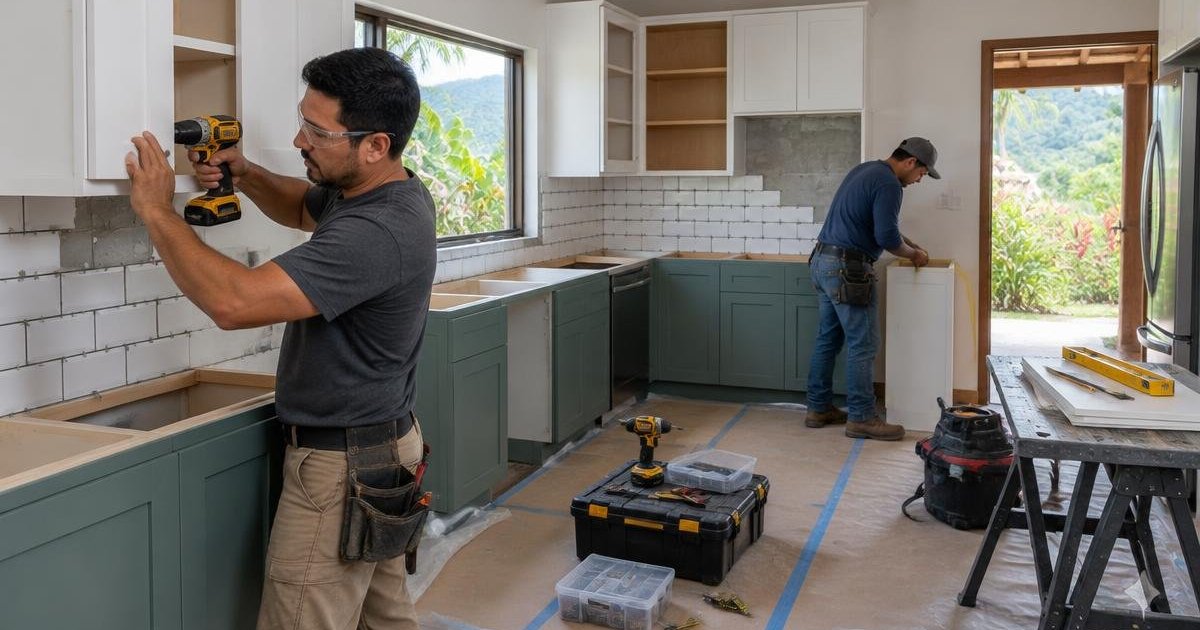 Trabajadores instalando gabinetes en una cocina en remodelación con piso protegido y herramientas organizadas.