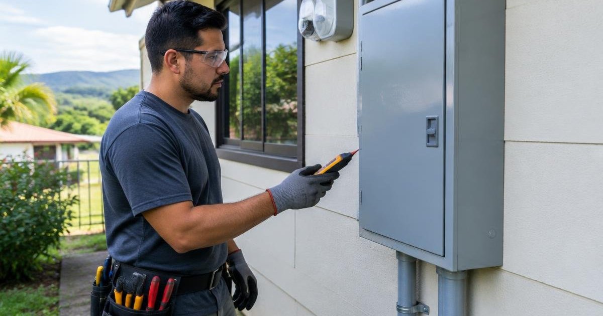 Electricista con lentes de seguridad revisando el exterior de un tablero residencial cerrado.